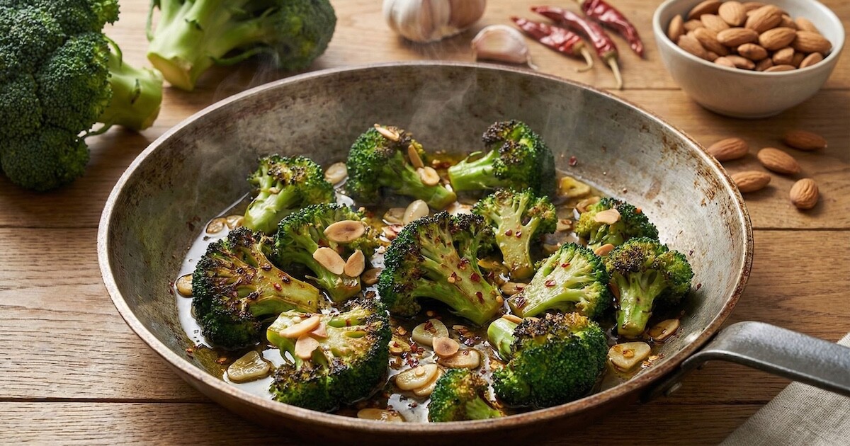 Cime di Broccoli "Bruciacchiati" con Aglio, Peperoncino e Mandorle