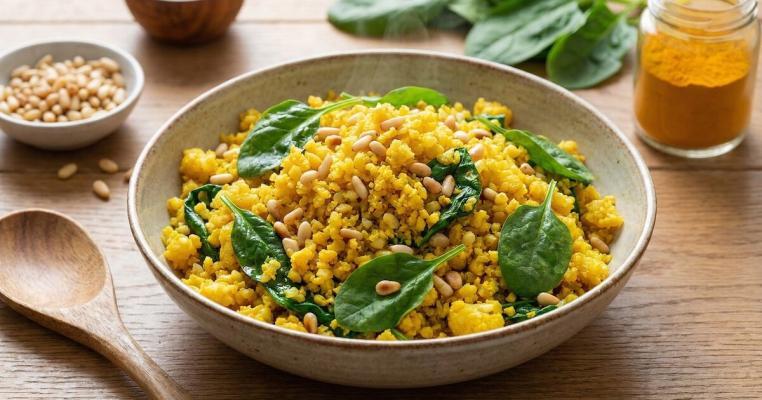 "Riso" di Cavolfiore alla Curcuma e Spinacini