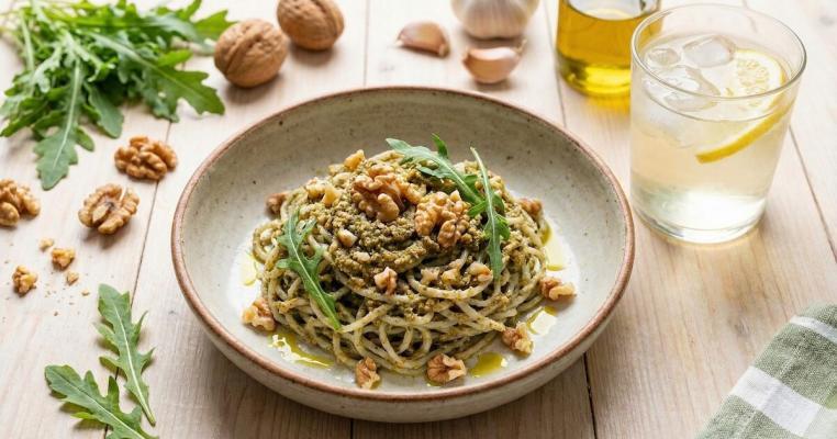 Spaghetti di Konjac al Pesto Rustico di Rucola e Noci