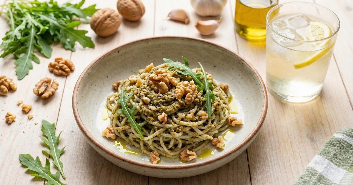 Spaghetti di Konjac al Pesto Rustico di Rucola e Noci